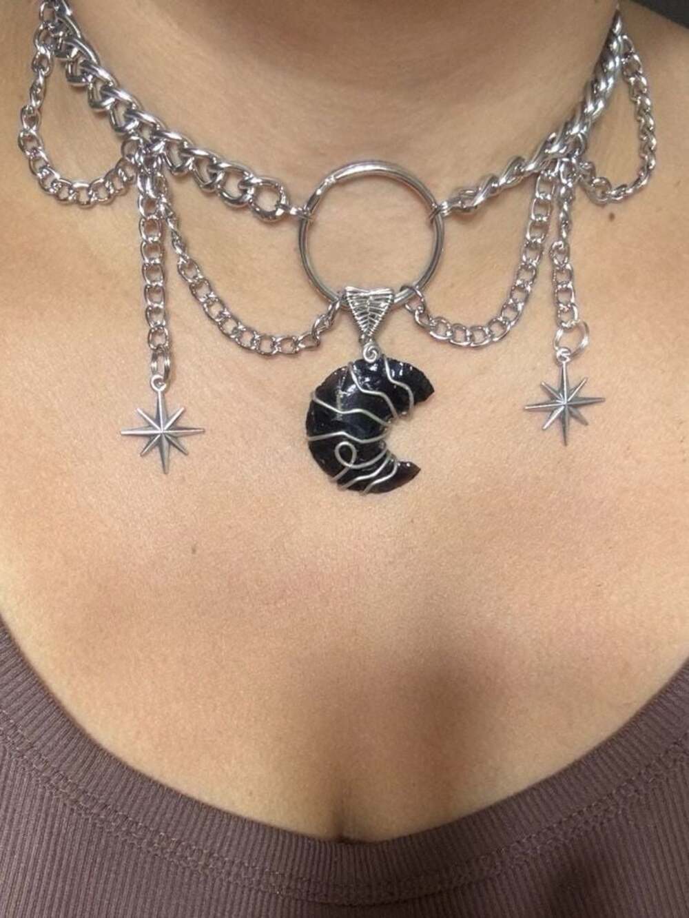 Gothic Choker with Wire-Wrapped Crescent obsidian Moon and Star Charms